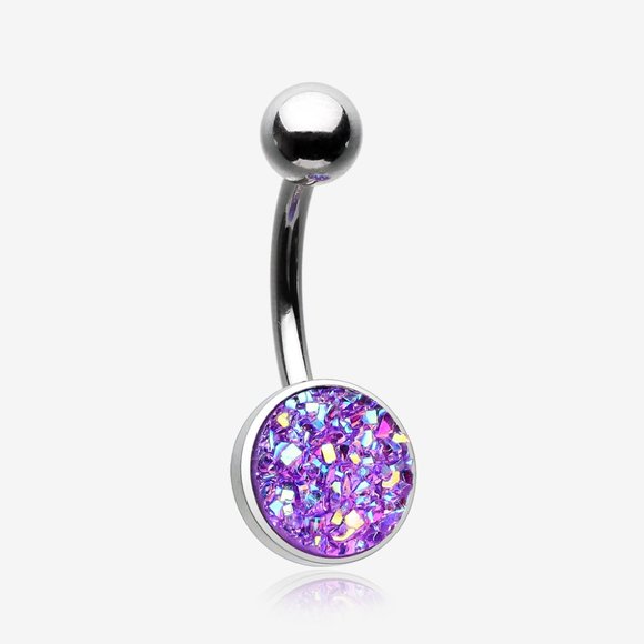 Iridescent Druzy Sparkle Steel Belly Button Ring - Purple - Picture 1 of 2